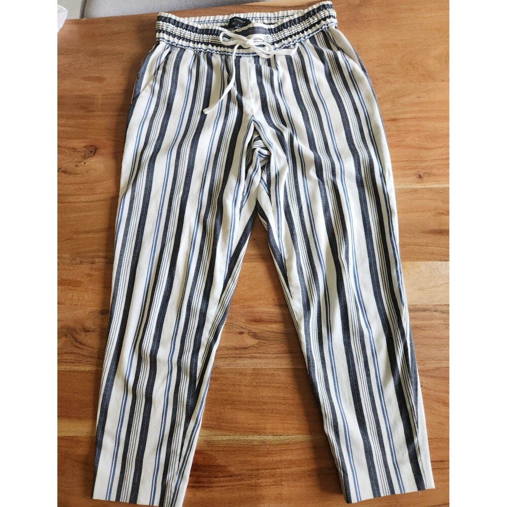 Ann Taylor Navy Blue White Preppy Nautical Beach Striped Pull-On Pants Women's 4